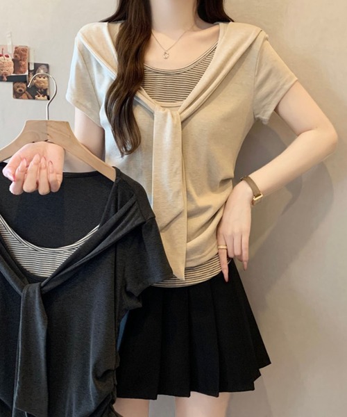 Girly Doll（ガーリードール）の「ショール風フェイクツーピースカットソー（Tシャツ/カットソー・レディース・ベージュ/ダークグレー・M/L）」の17枚目の写真