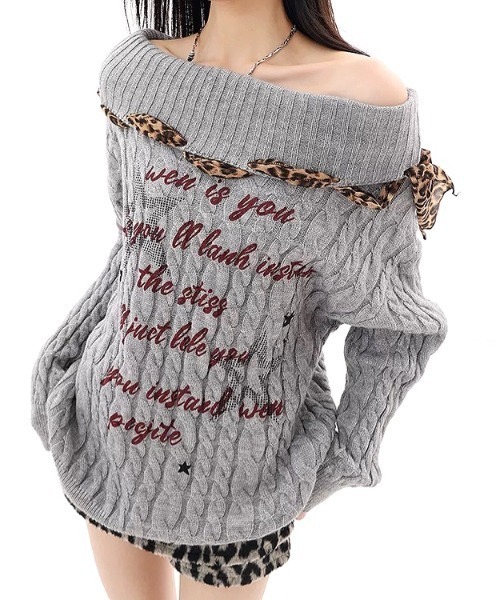 SHEENA(シーナ)の「レオパードストールSETオフショルニットトップス(Tシャツ/カットソー・レディース・グレー/ブラック/ホワイト/キャメル・M)」の1枚目の写真