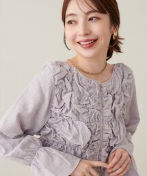 バー釦くしゅくしゅシャーリングブラウス