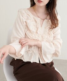 バー釦くしゅくしゅシャーリングブラウス