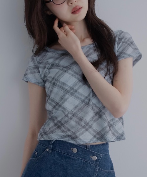 JUMELLE(ジュメロ)の「バイアスチェックTシャツ(Tシャツ/カットソー・レディース・ベージュ/ブルー・FREE)」の2枚目の写真