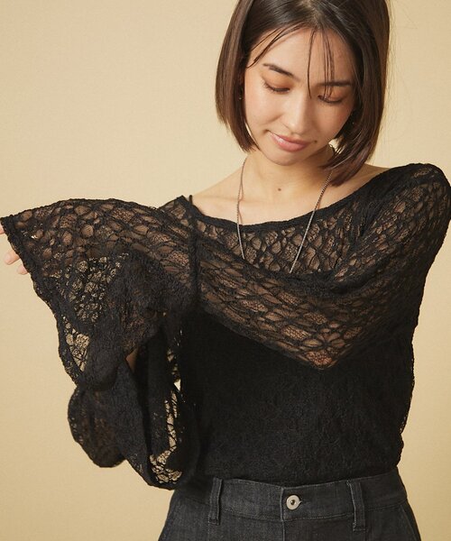 Remind me and forever(リマインドミーアンドフォーエバー)の「レース袖フレアートップス(Tシャツ/カットソー・レディース・ブラック/アイボリー・FREE)」の12枚目の写真
