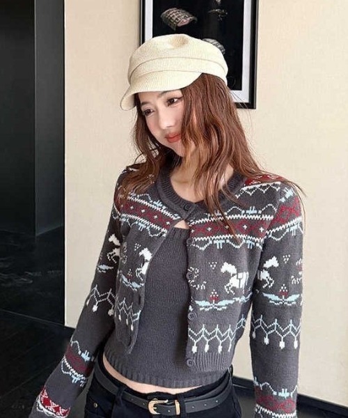 Teem Store（チームストア）の「【2点セット】ノルディック柄ショートカーディガン×インナーニットセット（カーディガン/ボレロ・レディース・グレー・M）」の3枚目の写真