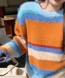 マルチボーダーシャギーニットトップス