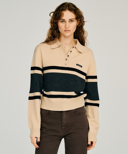 PRANK PROJECT(プランクプロジェクト)の「【2026Winter Pre-Order】ワイドボーダーニットポロ / Wide Border Knit Polo(ニット/セーター・レディース・ベージュ/カーキ・FREE)」の8枚目の写真