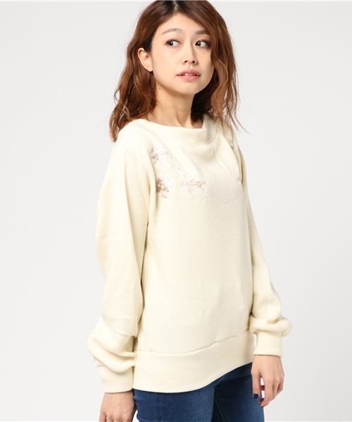 mysty woman（ミスティウーマン）の「リブニットソー刺繍ボートネックプルオーバー（Tシャツ/カットソー・レディース・ピンク/トップグレー/アイボリー/ブラック・FREE）」の12枚目の写真