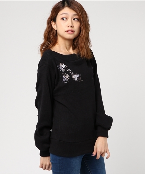 mysty woman（ミスティウーマン）の「リブニットソー刺繍ボートネックプルオーバー（Tシャツ/カットソー・レディース・ピンク/トップグレー/アイボリー/ブラック・FREE）」の13枚目の写真