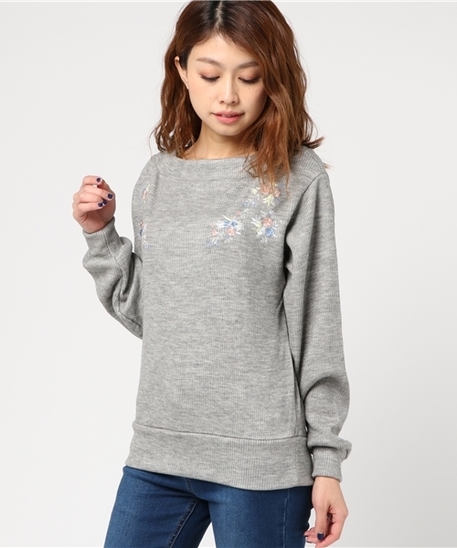 mysty woman（ミスティウーマン）の「リブニットソー刺繍ボートネックプルオーバー（Tシャツ/カットソー・レディース・ピンク/トップグレー/アイボリー/ブラック・FREE）」の14枚目の写真