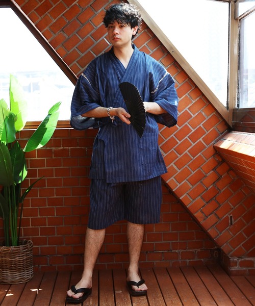 浴衣（ターコイズブルー・しじら織り） WEB限定】縞しじら織り浴衣/4点セット【浴衣＋帯＋下駄＋扇子