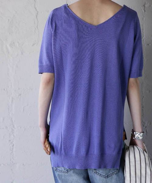 antiqua(アンティカ)の「ダブルVネック5分袖スリットコットンニット(Tシャツ/カットソー・レディース・ピンク/ブラック/ホワイト/ネイビー/ブルー/マスタード・FREE)」の10枚目の写真