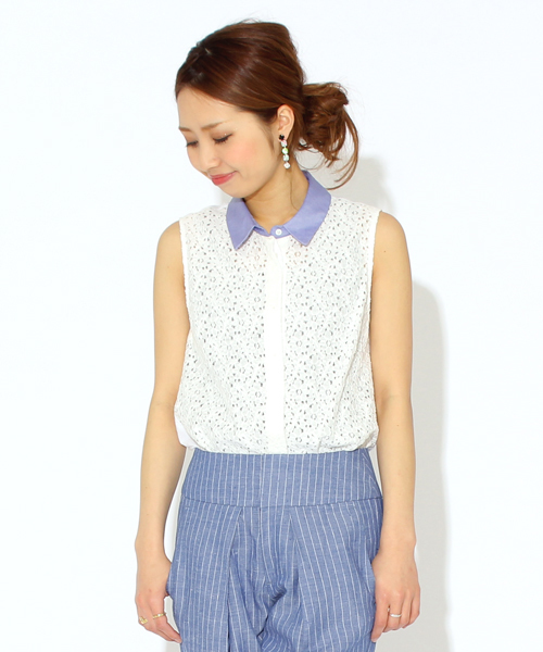 Ray BEAMS(レイビームス)の「○Ray BEAMS / レースフロントノースリーブシャツ(シャツ/ブラウス・レディース・オフホワイト/ネイビー・ONE SIZE)」の1枚目の写真