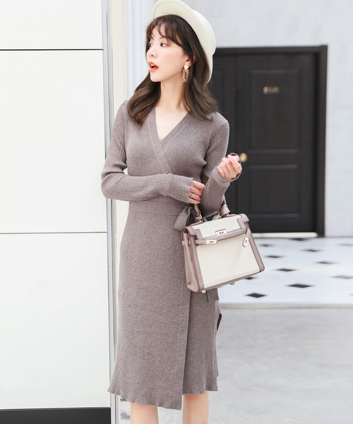 SAISON DE PAPILLON(セゾンドパピヨン)の「カシュクールロングニットワンピ(ワンピース)」|グレー