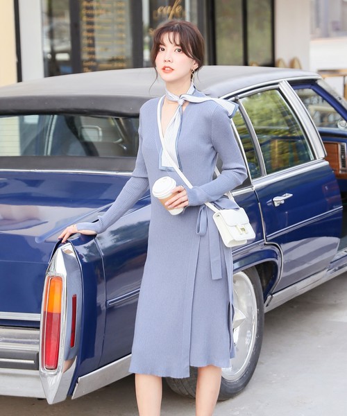 SAISON DE PAPILLON(セゾンドパピヨン)の「カシュクールロングニットワンピ(ワンピース)」|ブルー