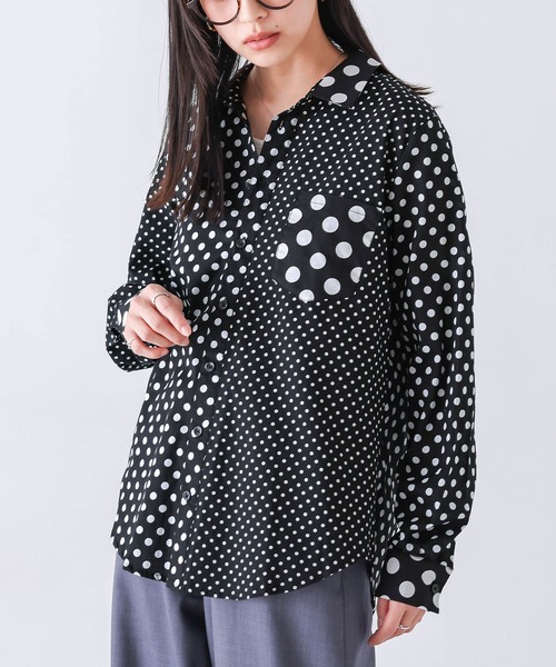 n'OrLABEL(ノアールレーベル)の「『アシンメトリードット柄シャツ』(シャツ/ブラウス・レディース・ブラック/オフホワイト・1/2/3)」の1枚目の写真