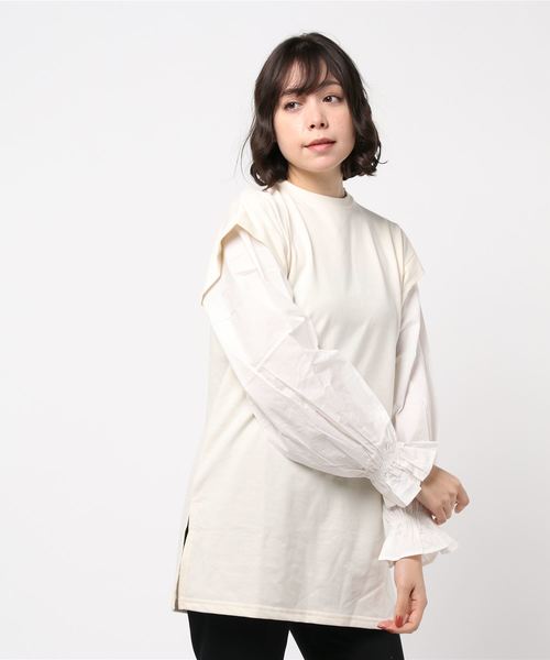 STYLEBLOCK（スタイルブロック）の「ミニ裏毛60sローンスリーブ切り替えサイドスリットプルオーバーチュニック（チュニック・レディース・カーキ/ラベンダー/アイボリー・M）」の2枚目の写真