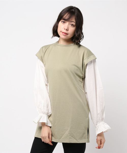 STYLEBLOCK（スタイルブロック）の「ミニ裏毛60sローンスリーブ切り替えサイドスリットプルオーバーチュニック（チュニック・レディース・カーキ/ラベンダー/アイボリー・M）」の6枚目の写真