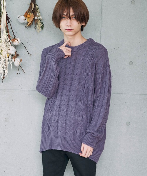 D Factory（ディー ファクトリー）の「オーバーサイズ アラン編み ビッグシルエット クルーネック ケーブルニットセーター（ニット/セーター・メンズ・杢グレー/ブラック/アイボリー/キャメル/パープル/ベージュ/ブラウン/ワイン・FREE）」の6枚目の写真