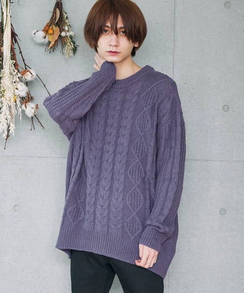 D Factory（ディー ファクトリー）の「オーバーサイズ アラン編み ビッグシルエット クルーネック ケーブルニットセーター（ニット/セーター・メンズ・杢グレー/ブラック/アイボリー/キャメル/パープル/ベージュ/ブラウン/ワイン・FREE）」の20枚目の写真