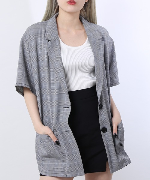 WC（ダブル シー）の「WC/カラー半袖ジャケット（テーラードジャケット・レディース・ブラック/グリーン/チェック・FREE）」の3枚目の写真