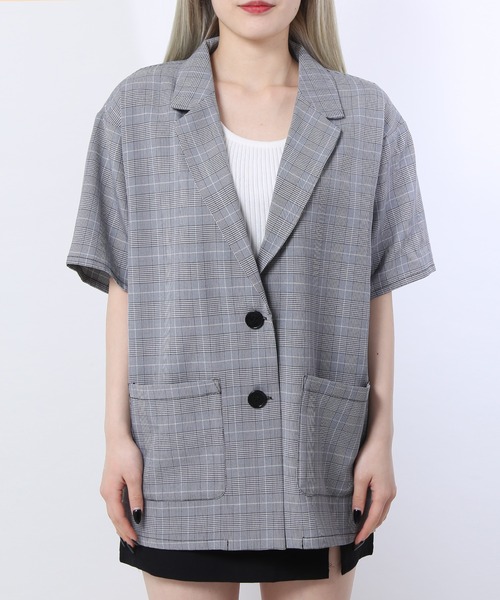 WC（ダブル シー）の「WC/カラー半袖ジャケット（テーラードジャケット・レディース・ブラック/グリーン/チェック・FREE）」の5枚目の写真