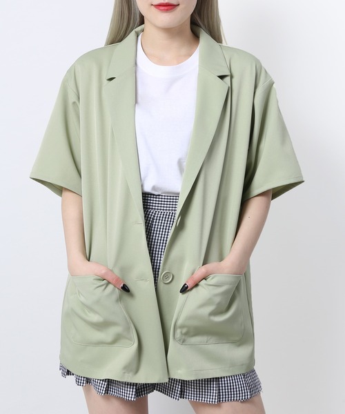 WC（ダブル シー）の「WC/カラー半袖ジャケット（テーラードジャケット・レディース・ブラック/グリーン/チェック・FREE）」の4枚目の写真