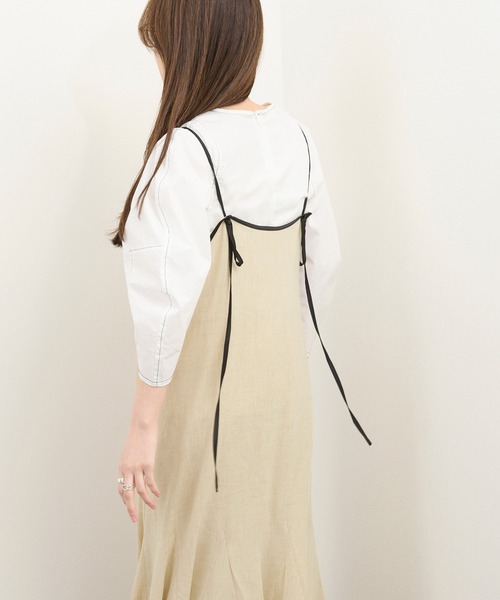 kicuri(キクリ)の「【低身長向けXSサイズ有】イージーケア/ウォッシャブル/リネンライクパイピングキャミワンピース(ワンピース・レディース・ベージュ/ミント・SMALL/X-SMALL)」の11枚目の写真
