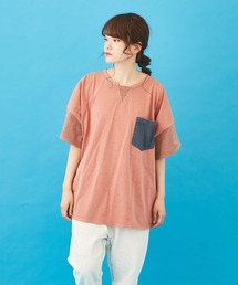 CUBE SUGAR（キューブシュガー）の「WEB限定 天竺 × シャンブレー 半袖 バックプリント ビッグチュニック（Tシャツ/カットソー）」