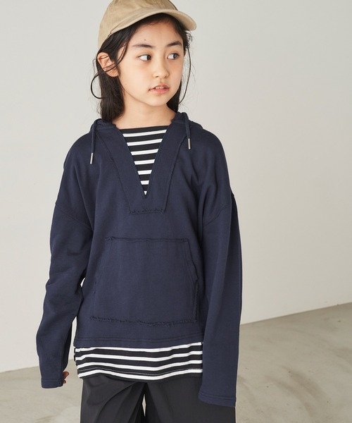 ＆yam（アンドヤム）の「USA裏毛フェイクレイヤーメキシカンパーカ（パーカー・キッズ・ブルー/ホワイト/ブラック/ベージュ・110-120cm/140-150cm/150-160cm/120-130cm/130-140cm）」の4枚目の写真