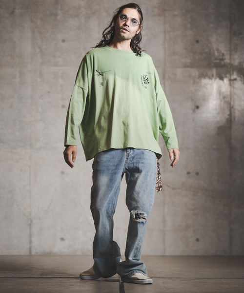 GLIMCLAP（グリムクラップ）の「mlt3502-Up there-dyeing & printed long-sleeve cutsew カットソー（Tシャツ/カットソー・メンズ・ベージュ/サックスブルー/ライトカーキ・L/S/M）」の21枚目の写真