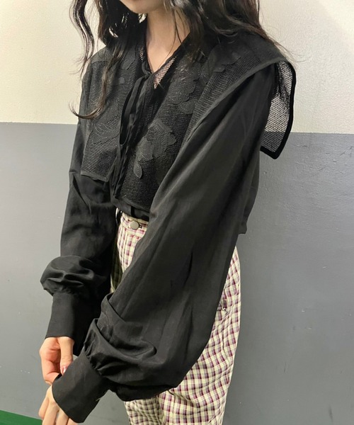 Kastane(カスタネ)の「メッシュジャガードフラップ付きブラウス(シャツ/ブラウス・レディース・ブラック/オフホワイト・FREE)」の2枚目の写真