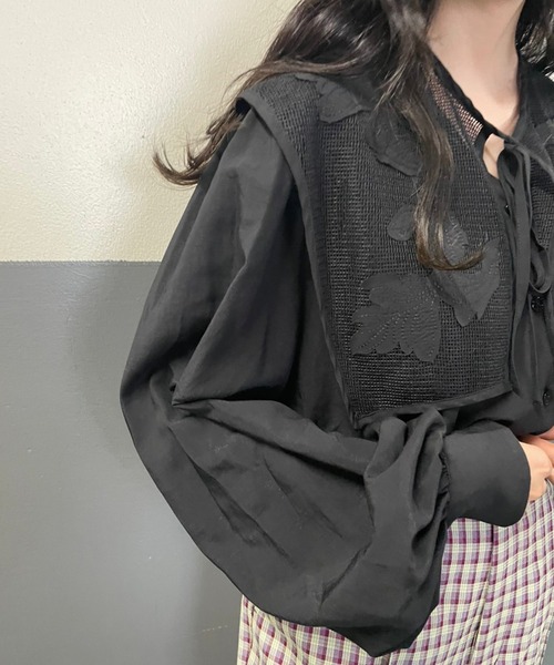 Kastane(カスタネ)の「メッシュジャガードフラップ付きブラウス(シャツ/ブラウス・レディース・ブラック/オフホワイト・FREE)」の4枚目の写真