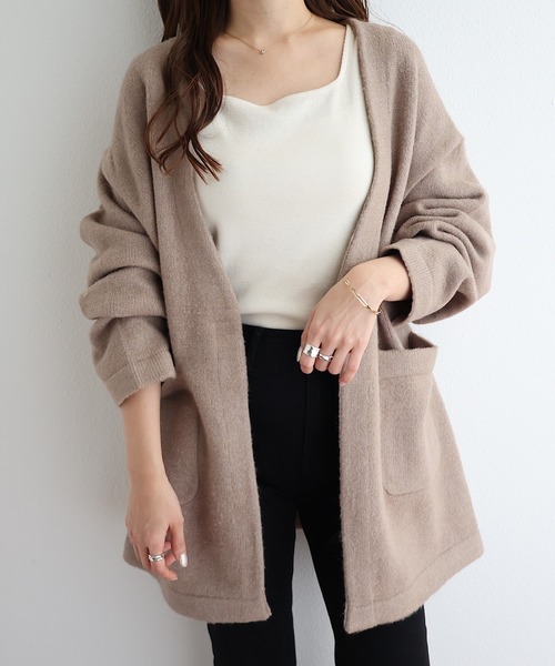 andme（アンドミー）の「ミドル丈ふっくらブークレニットカーディガン（カーディガン/ボレロ・レディース・チャコールグレー/グレー/オフホワイト/ベージュ系その他/オリーブ・S/M）」の5枚目の写真