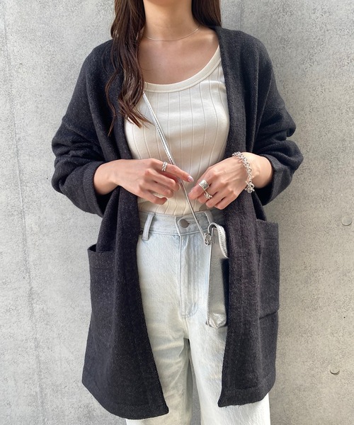 andme（アンドミー）の「ミドル丈ふっくらブークレニットカーディガン（カーディガン/ボレロ・レディース・チャコールグレー/グレー/オフホワイト/ベージュ系その他/オリーブ・S/M）」の3枚目の写真