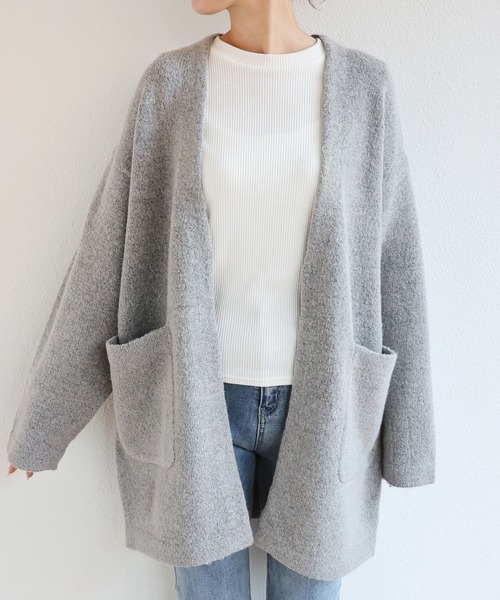 andme（アンドミー）の「ミドル丈ふっくらブークレニットカーディガン（カーディガン/ボレロ・レディース・チャコールグレー/グレー/オフホワイト/ベージュ系その他/オリーブ・S/M）」の13枚目の写真