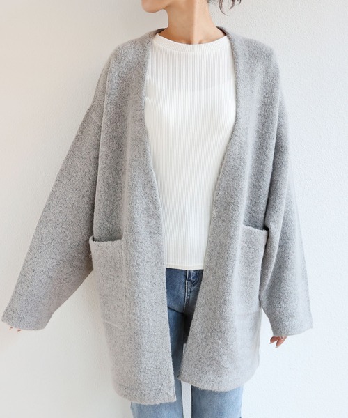 andme（アンドミー）の「ミドル丈ふっくらブークレニットカーディガン（カーディガン/ボレロ・レディース・チャコールグレー/グレー/オフホワイト/ベージュ系その他/オリーブ・S/M）」の16枚目の写真