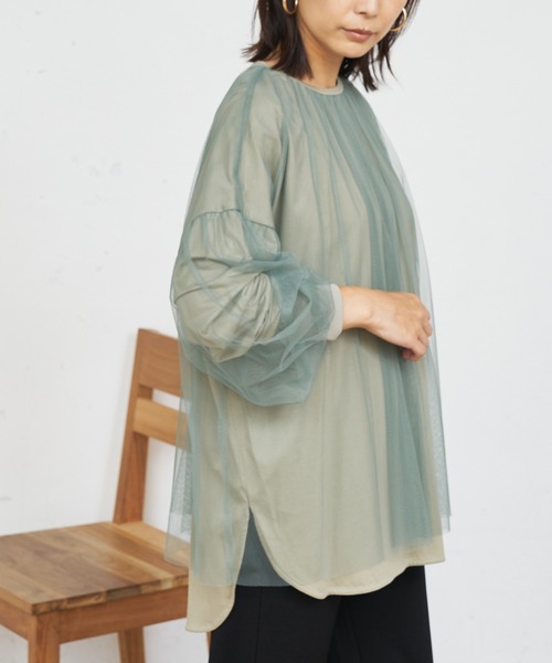 BONbazaar（ボンバザール）の「★OT★チュールレイヤーブラウス（Tシャツ/カットソー・レディース・ブラック/カーキ/グレイッシュベージュ・FREE）」の3枚目の写真