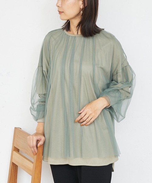 BONbazaar（ボンバザール）の「★OT★チュールレイヤーブラウス（Tシャツ/カットソー・レディース・ブラック/カーキ/グレイッシュベージュ・FREE）」の4枚目の写真