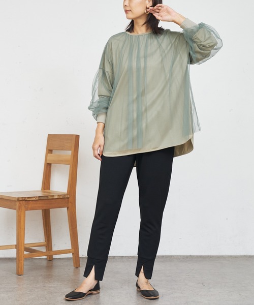 BONbazaar（ボンバザール）の「★OT★チュールレイヤーブラウス（Tシャツ/カットソー・レディース・ブラック/カーキ/グレイッシュベージュ・FREE）」の8枚目の写真