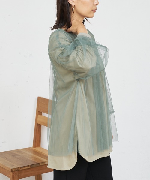 BONbazaar（ボンバザール）の「★OT★チュールレイヤーブラウス（Tシャツ/カットソー・レディース・ブラック/カーキ/グレイッシュベージュ・FREE）」の13枚目の写真