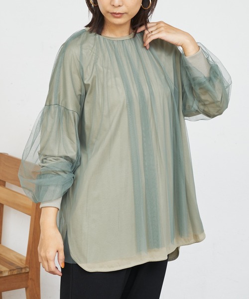 BONbazaar（ボンバザール）の「★OT★チュールレイヤーブラウス（Tシャツ/カットソー・レディース・ブラック/カーキ/グレイッシュベージュ・FREE）」の14枚目の写真