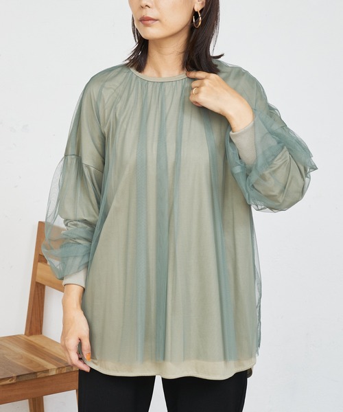 BONbazaar（ボンバザール）の「★OT★チュールレイヤーブラウス（Tシャツ/カットソー・レディース・ブラック/カーキ/グレイッシュベージュ・FREE）」の15枚目の写真