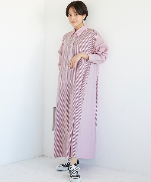 INCEDE（インシード）の「シャンブレーストライプ切り替えシャツワンピース（シャツワンピース・レディース・レッド/ブルー・LL/3L/M/L）」の2枚目の写真