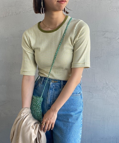 MILLER（ミラー）の「【LaLa Begin 8・9月号掲載】[MILLER/ミラー] 別注 配色5分袖 クルーネックボーダーTシャツ（Tシャツ/カットソー・レディース・ライトブルー/ブラウン/ライム/オレンジ/ブルー/グリーン・F）」の3枚目の写真