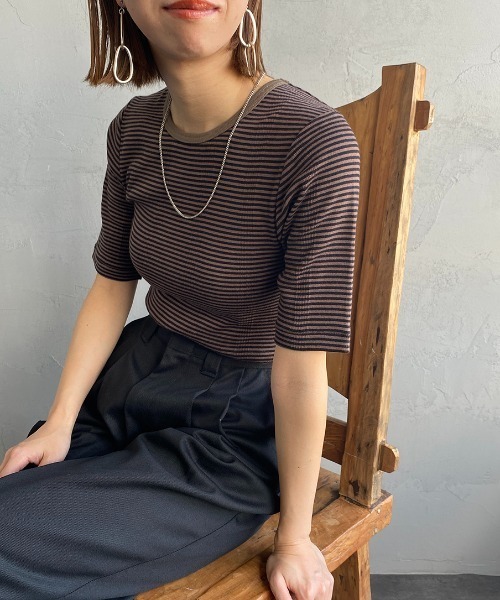 MILLER（ミラー）の「【LaLa Begin 8・9月号掲載】[MILLER/ミラー] 別注 配色5分袖 クルーネックボーダーTシャツ（Tシャツ/カットソー・レディース・ライトブルー/ブラウン/ライム/オレンジ/ブルー/グリーン・F）」の13枚目の写真