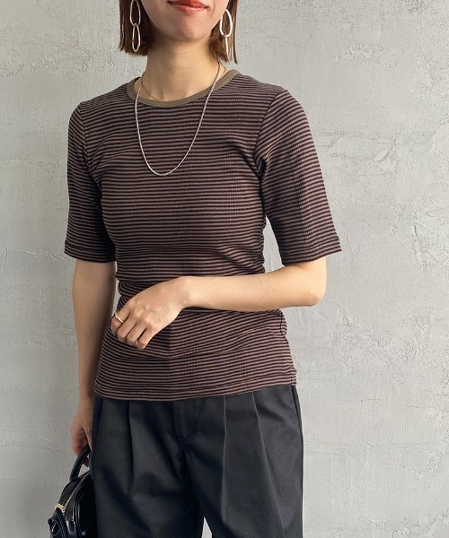 MILLER（ミラー）の「【LaLa Begin 8・9月号掲載】[MILLER/ミラー] 別注 配色5分袖 クルーネックボーダーTシャツ（Tシャツ/カットソー・レディース・ライトブルー/ブラウン/ライム/オレンジ/ブルー/グリーン・F）」の16枚目の写真