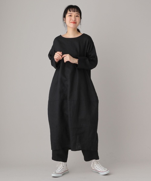 新品　ナチュラルバイクリップスタジオクリップ　リネンワンピース　黒　Fサイズ セール】《Natural by studio CLIP》リネンコクーンワンピース