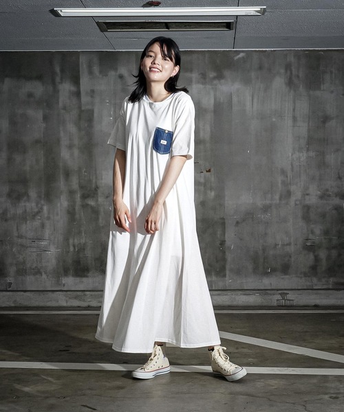 Lee(リー)の「【LEE/リー】デニムポケットフレアワンピースドレス 半袖 コットン100%(ワンピース・レディース・ブルー系その他/ホワイト/チャコールグレー・MEDIUM)」の1枚目の写真