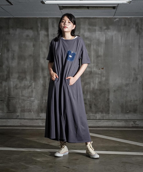 Lee(リー)の「【LEE/リー】デニムポケットフレアワンピースドレス 半袖 コットン100%(ワンピース・レディース・ブルー系その他/ホワイト/チャコールグレー・MEDIUM)」の2枚目の写真