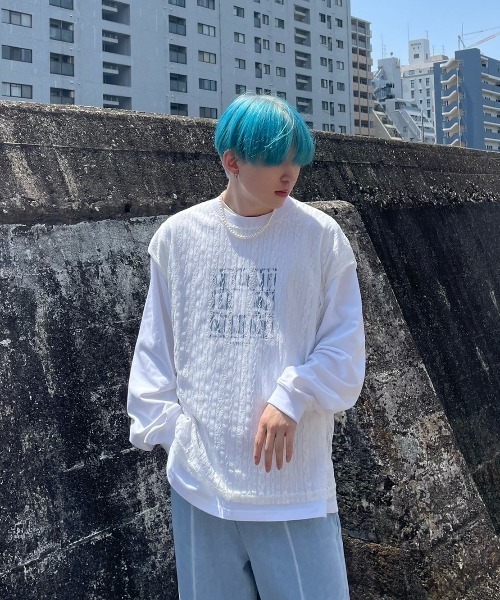 Chikashitsu +（チカシツプラス）の「【Chikashitsu +/チカシツプラス】lace vest/レースベスト Vネックベスト 重ね着 レイヤード（ベスト・メンズ・ホワイト/ブラック・ONE SIZE）」の2枚目の写真