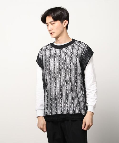 Chikashitsu +（チカシツプラス）の「【Chikashitsu +/チカシツプラス】lace vest/レースベスト Vネックベスト 重ね着 レイヤード（ベスト・メンズ・ホワイト/ブラック・ONE SIZE）」の6枚目の写真